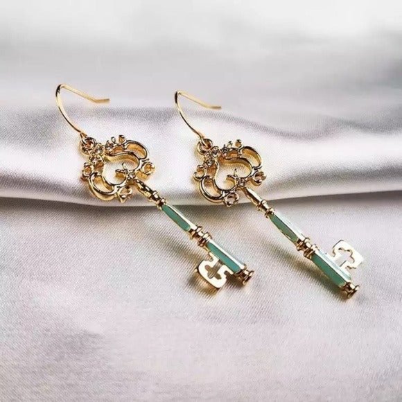 Gold key drop earrings blue enamel boho chic Victorian vintage